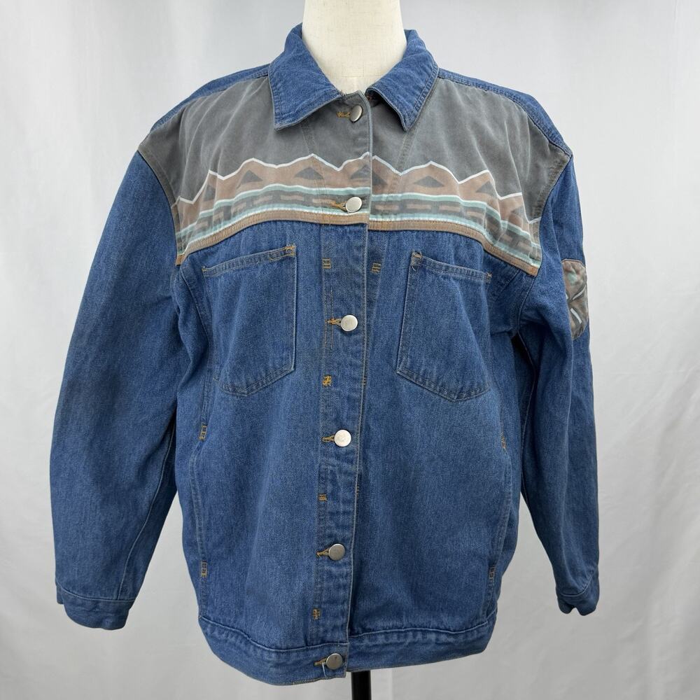 Vintage Europa Denim Jacket Western Aztec Yoke Cotton Blue Size M
